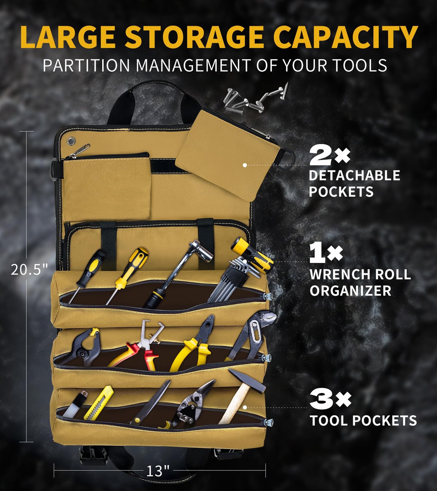 Large Roll Up Tool Bag Organizer 13 Pocket Pouch Heavy Duty Carrier Bag