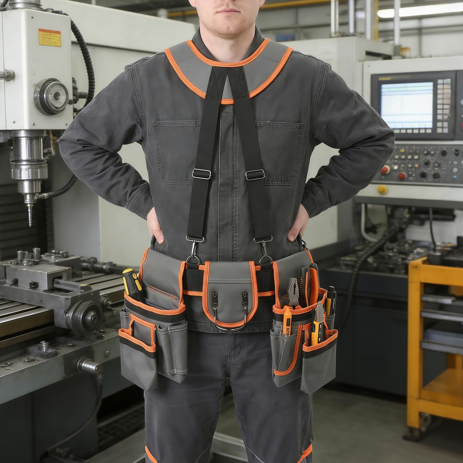 Heavy Duty Tool Belt Pouch with Suspenders, Multifunctional Electrician Tool Bag