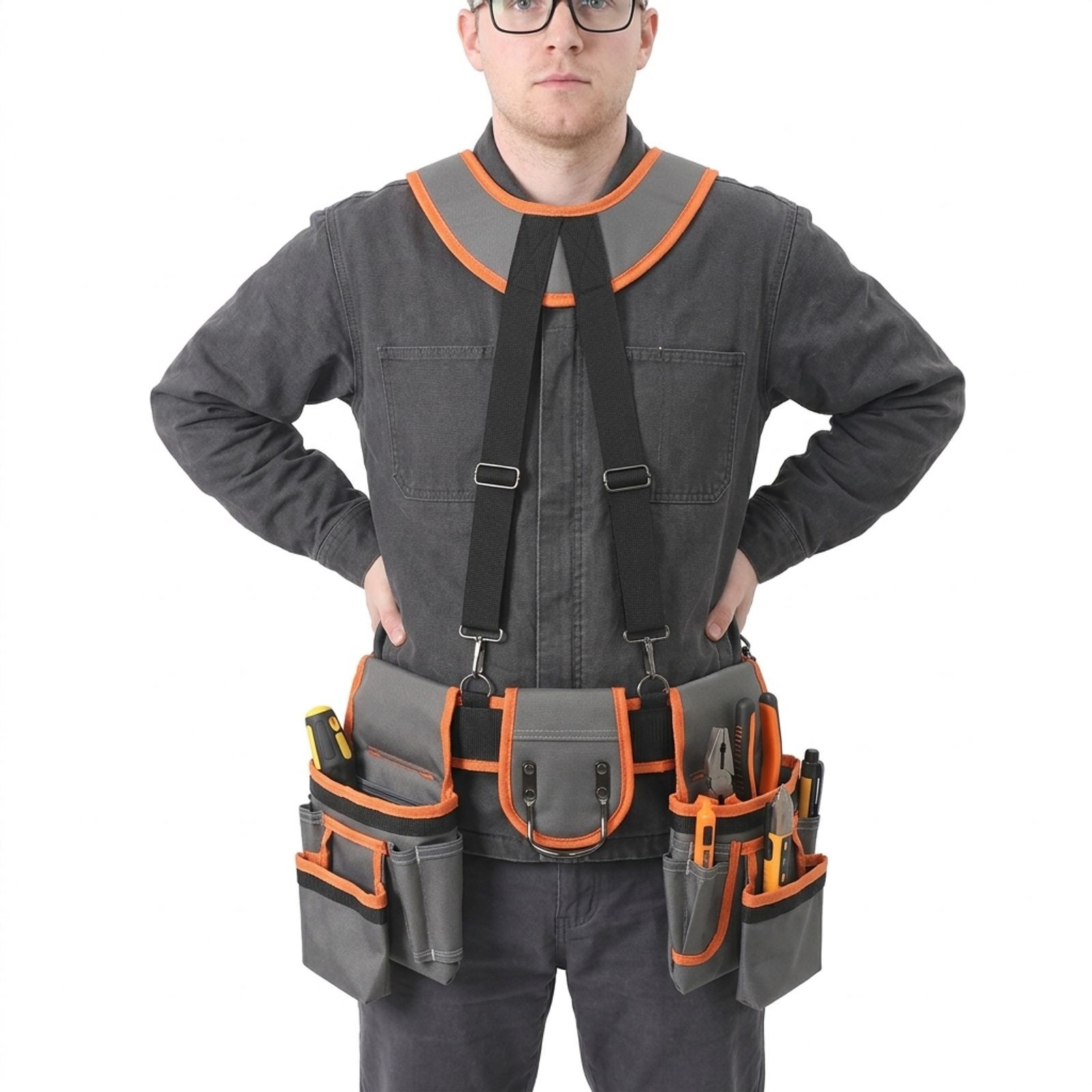 Heavy Duty Tool Belt Pouch with Suspenders, Multifunctional Electrician Tool Bag