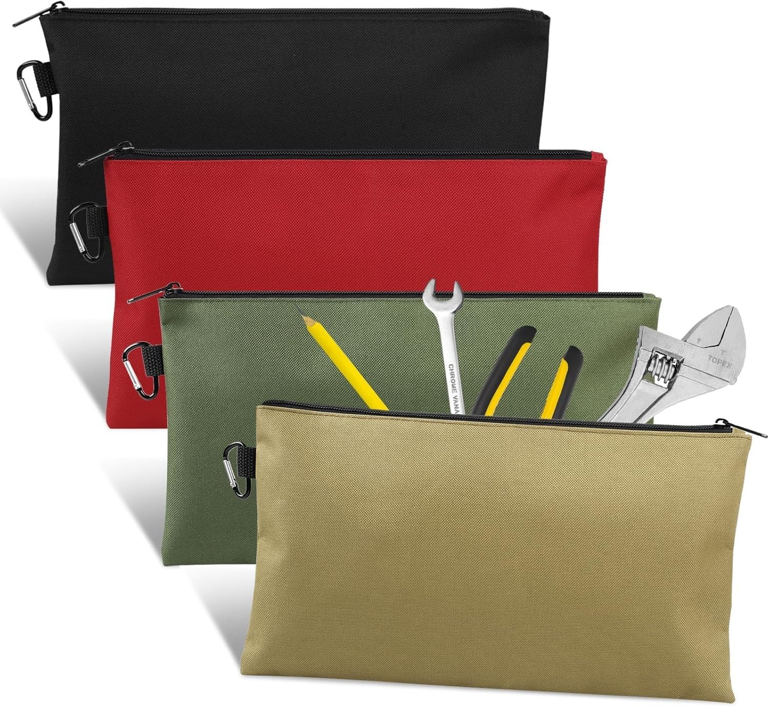 4 Pack 12in Tool Pouch Zipper Bag Multipurpose Storage Carabiner