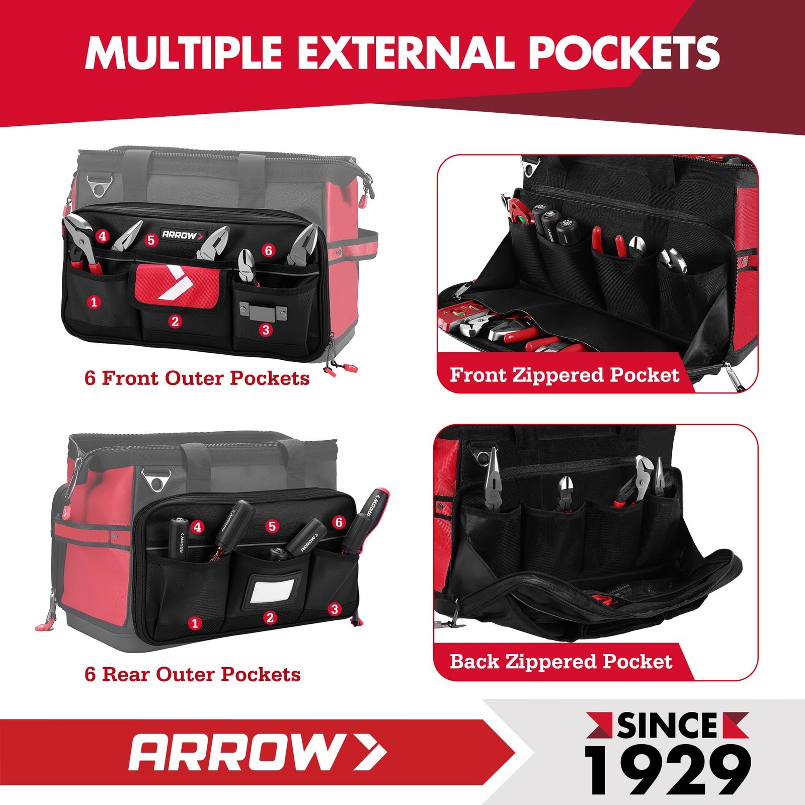 ARROW 17″ Large Tool Bag with 36 Multipurpose Pockets, 17 Inch, Red & Black