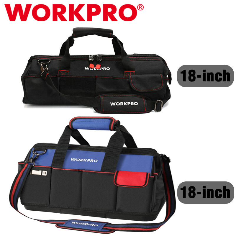 WORKPRO 18” Tool Bag Zipper Wide Mouth Open Top Tool Organizer Case Black/Blue