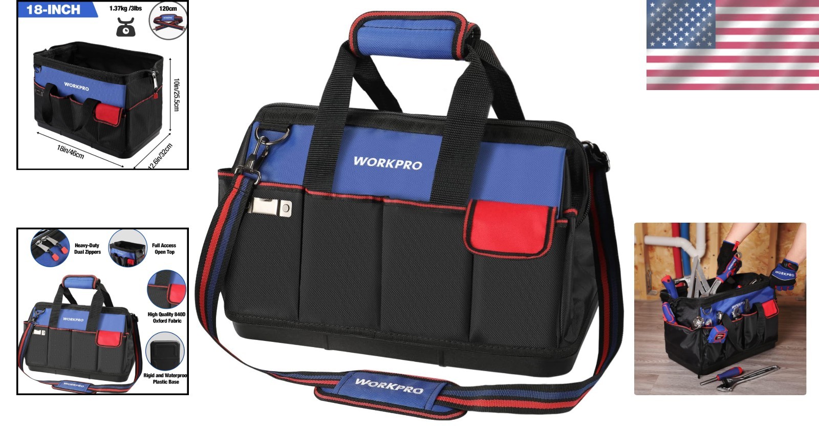 Lightweight & Durable 18″ Open Top Tool Organizer with Adjustable Straps