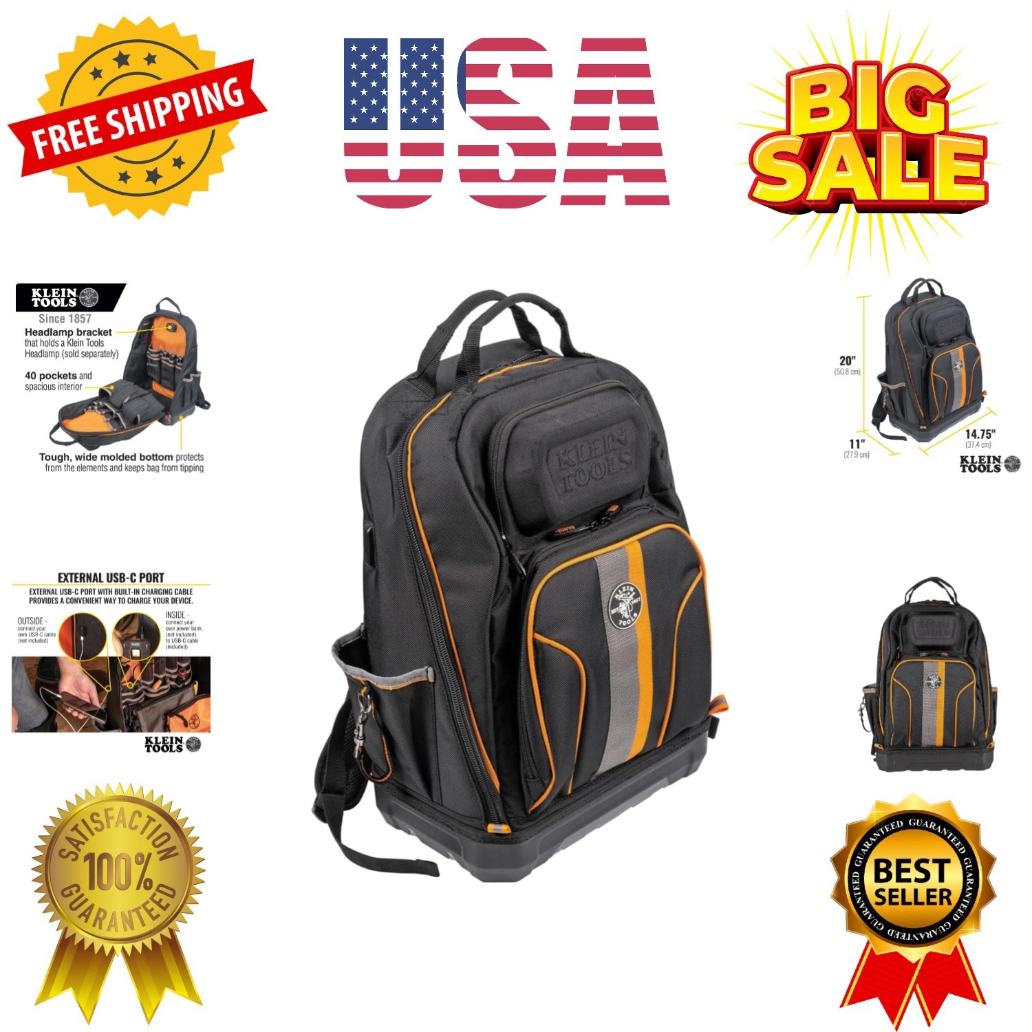 Backpack Tool Bag, Tradesman Pro Extra-Large 40-Pocket Electrician Jobsite Ba…