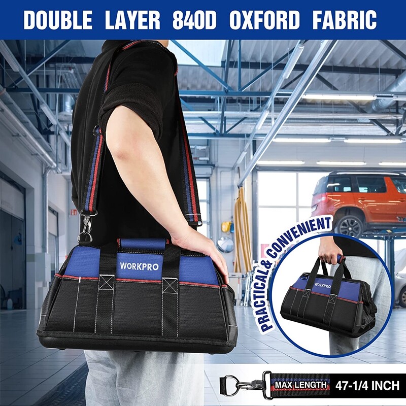 WORKPRO Wide Mouth Tool Bag Heavy Duty Tool Storage Bag w/Shoulder Strap 16-inch