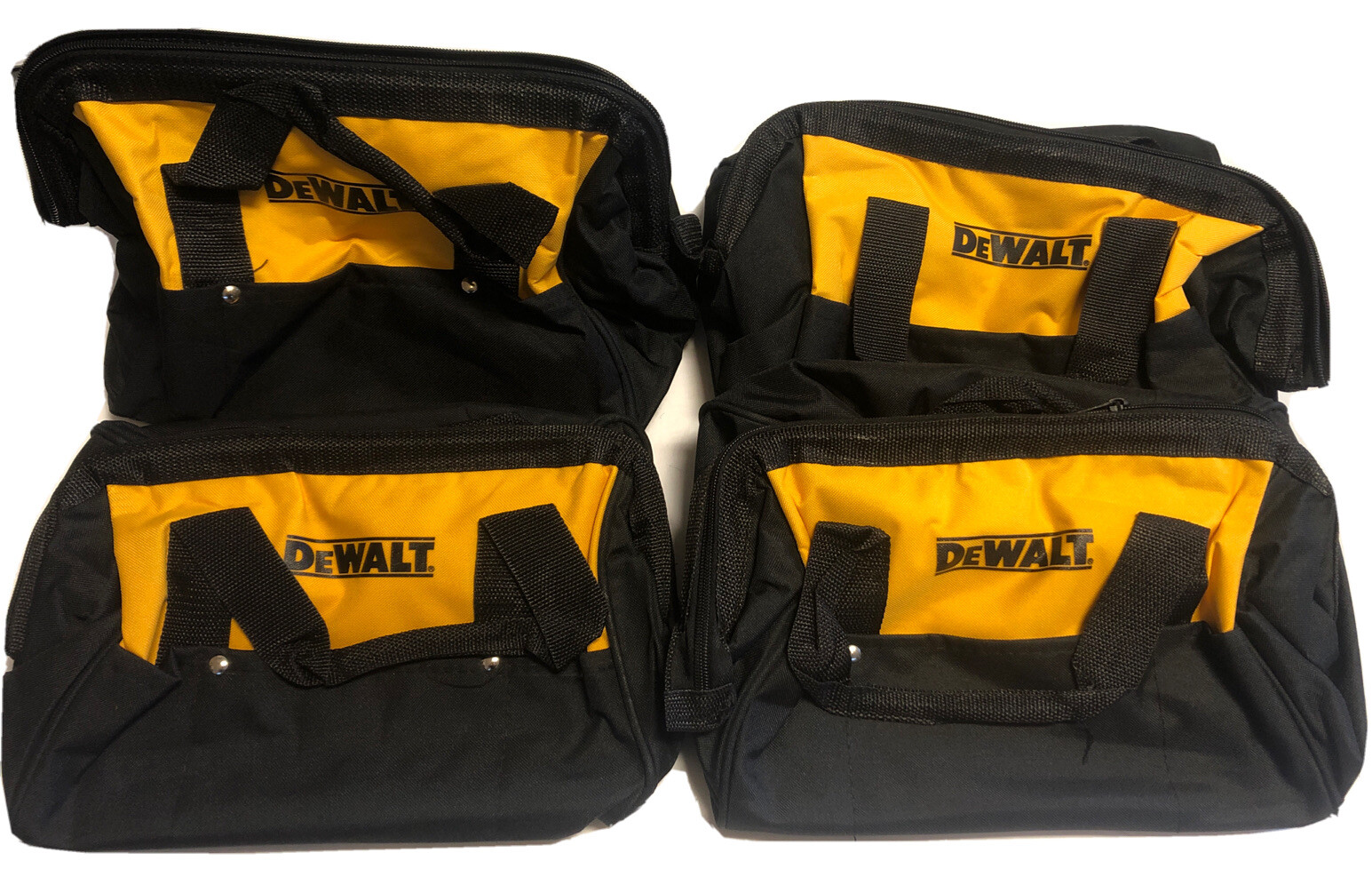 (4) NEW DEWALT 13″ X 10″ X 9″ Heavy Duty Medium Tool Bags w/ 6 Pockets + Skids