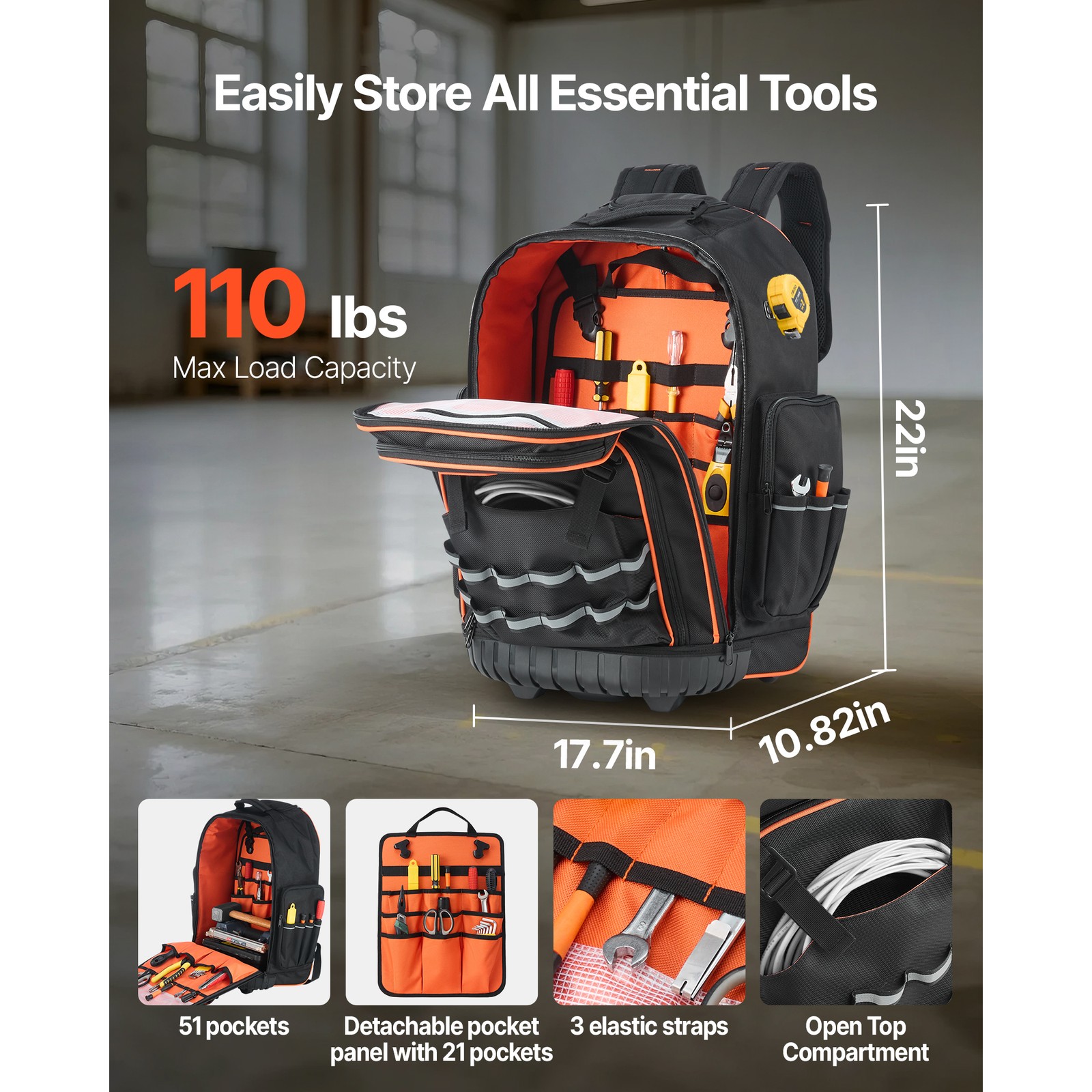 Uimoso Rolling Tool Backpack 72 Pockets Heavy Duty 15″ Roller Tool Bag on Wheels