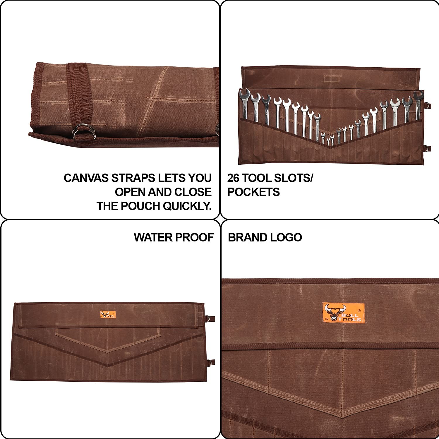 BULL TOOLS 26 Pocket Wrench Organizer Roll-Up Waxed Canvas, Cinnamon Brown