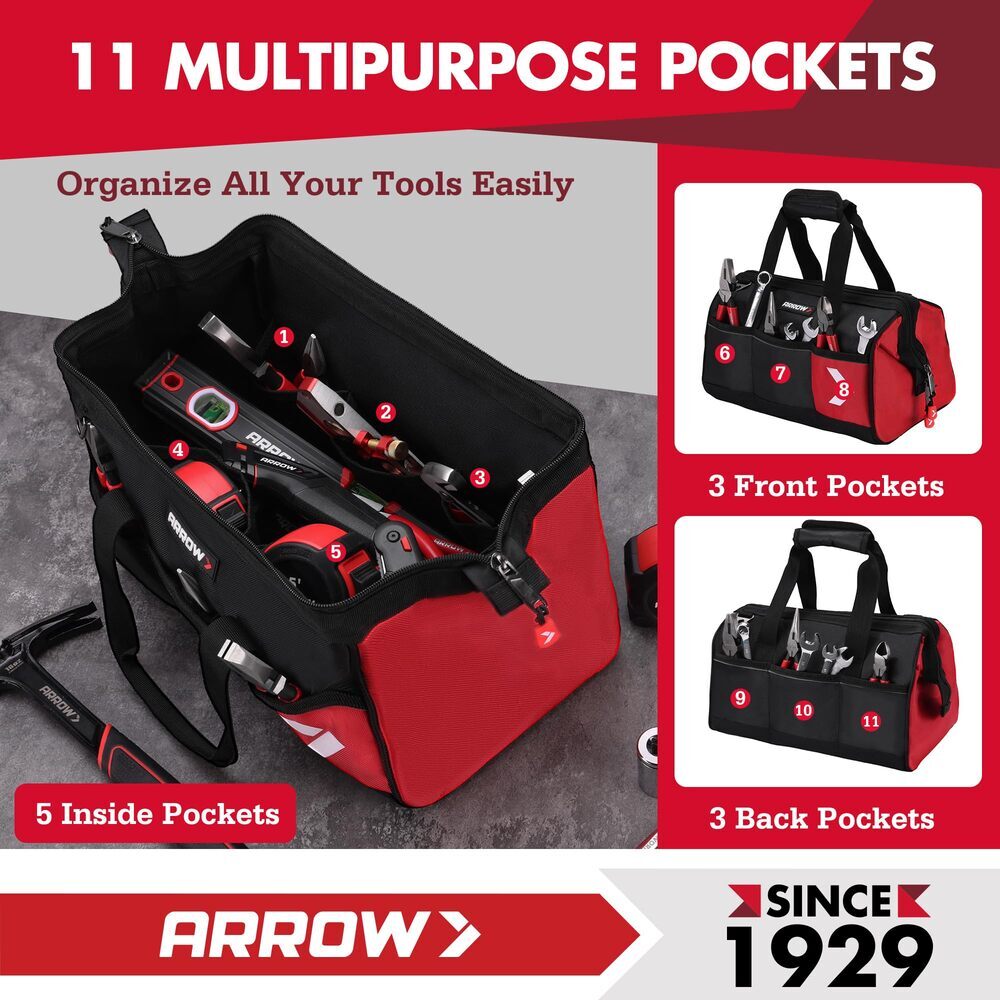 ARROW 14″ Heavy Duty Tool Bag With 11 Pockets Anti-Slip Feet Tool Organizer Bag
