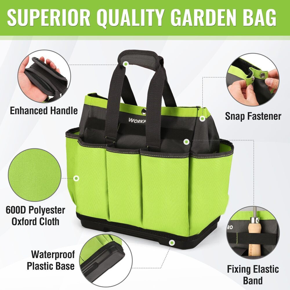 WORKPRO Garden Tool Bag with Waterproof Plastic Base 8 Pockets Gardening Bag USA
