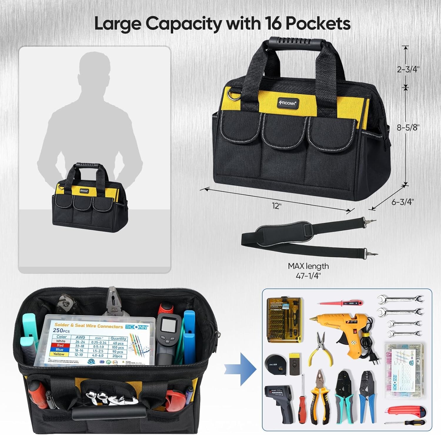 TICONN 12in Tool Bag with Waterproof Soft Bottom Multi-Pockets Wide Mouth Too…