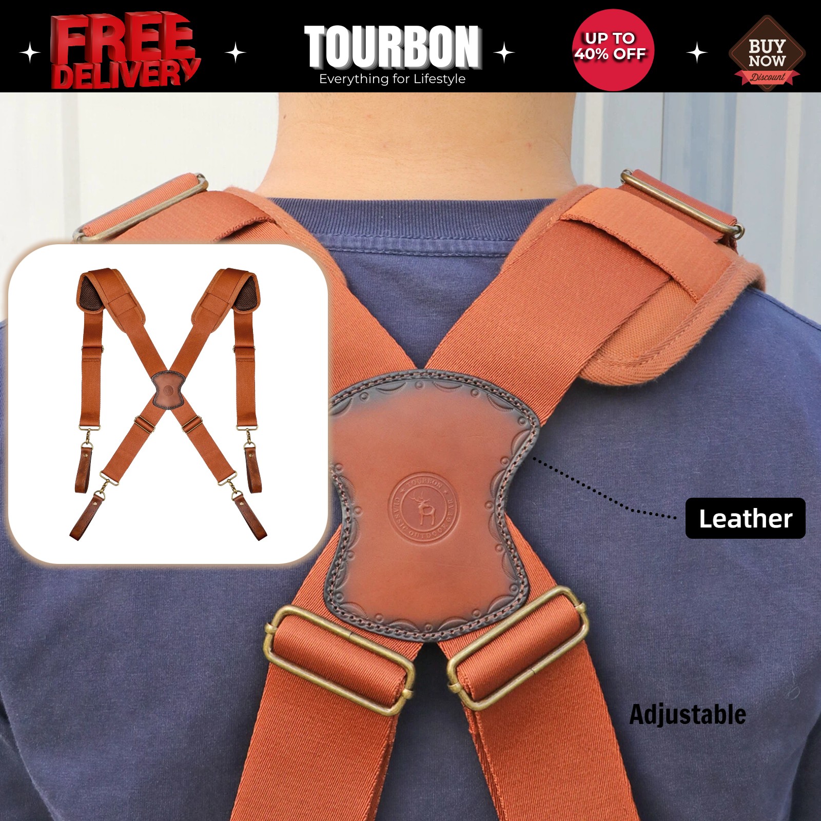 TOURBON Adjusted Tool Belt Suspenders- Leather Cross Patch-Padded Shoulder Strap