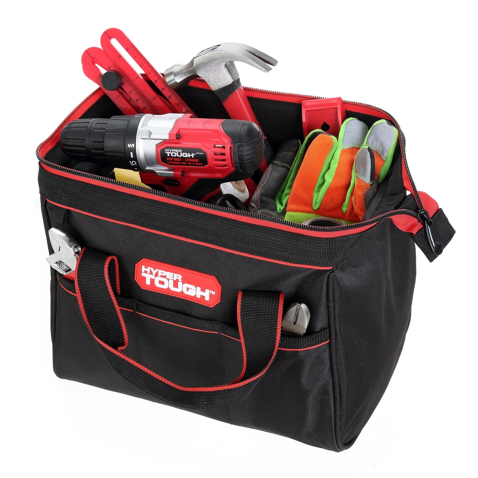 Hyper Tough 12-Inch Polyester Tool Bag, with Full-Length Zipper and Double Strap