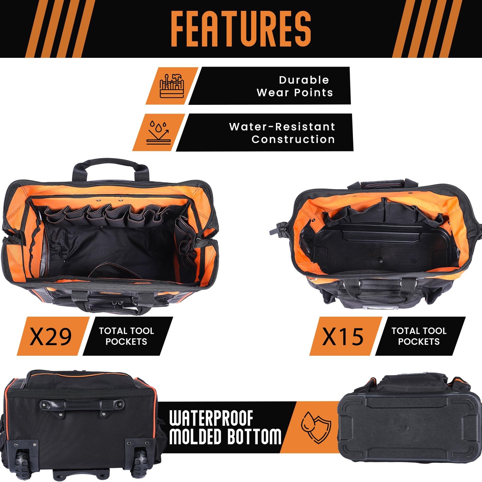 HR Forged 18″ Rolling Duffle Tool Bag 2 Pack 29 & 15 Pocket Roll Bag with Wheels