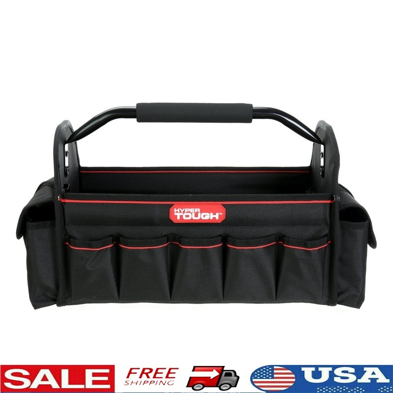 16 Inch Open Tool Tote 20 Pocket Organizer W/ Steel Handle Foam Grip Durable Bag