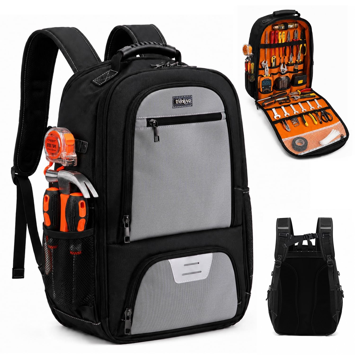 Trenluva Tool Backpack Heavy Duty with Laptop Sleeve, 12.5″ x 7″ x 18″, Grey