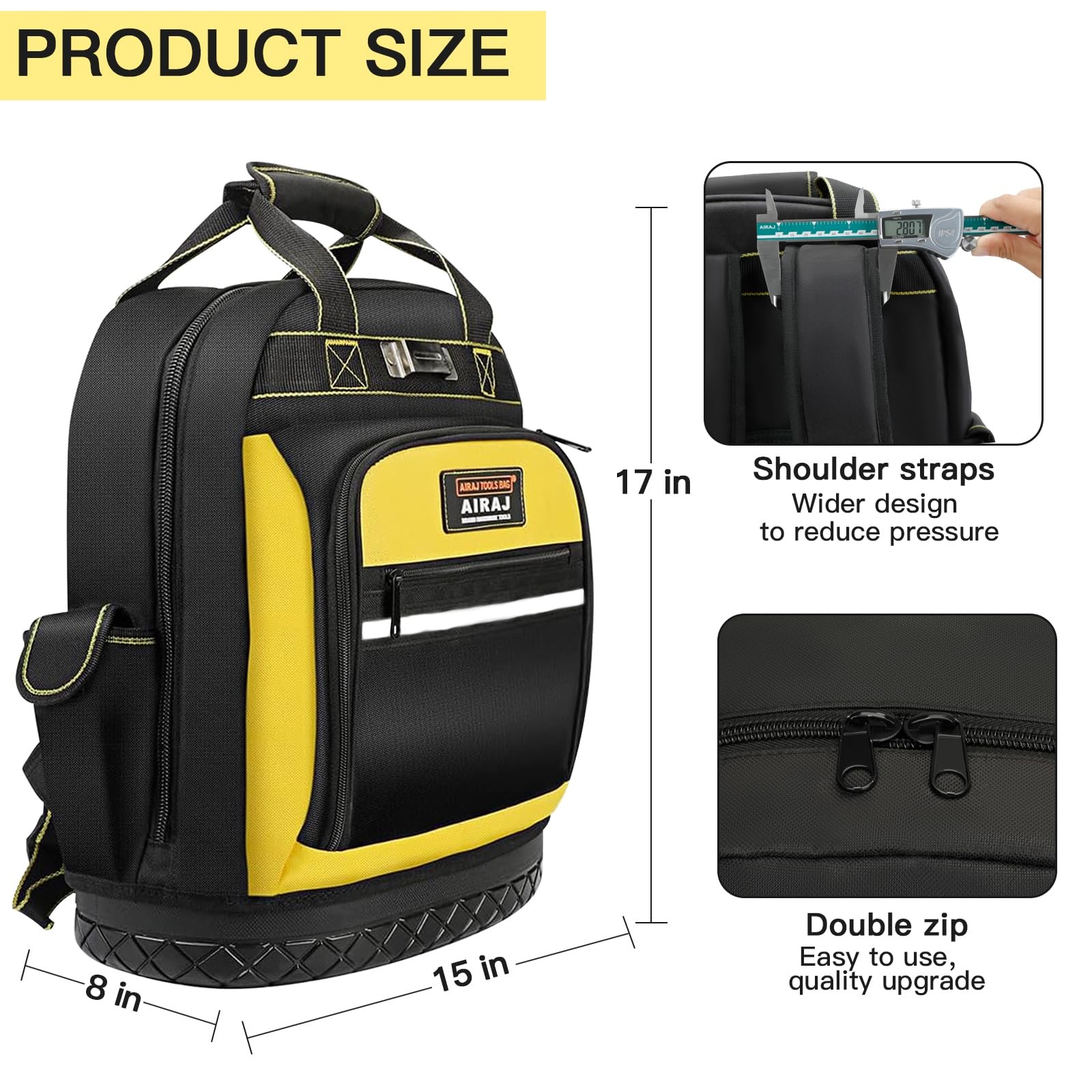 Tool Backpack 17 Inch Heavy Duty Waterproof Molded Base Pockets Black Yellow