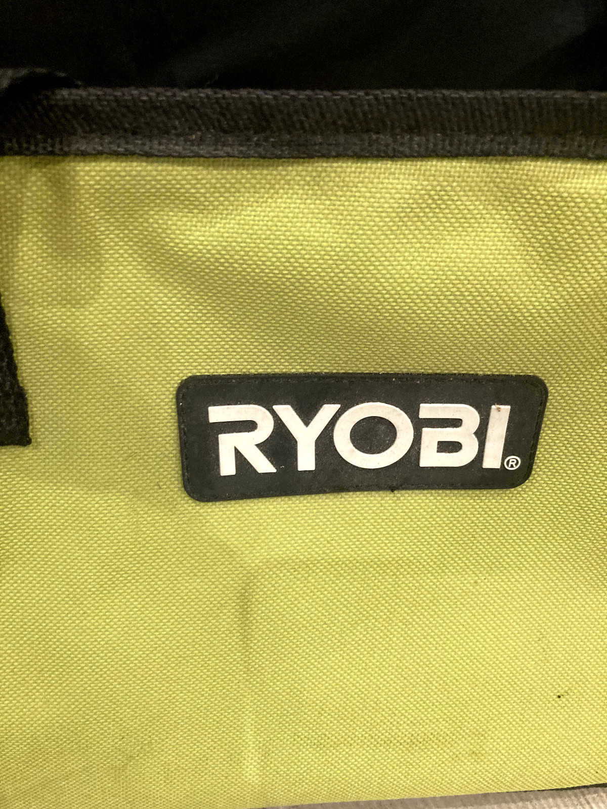 RYOBI Yellow-Green Tool Bag with Black Straps and Zipper Opening on Top 12×9.5in