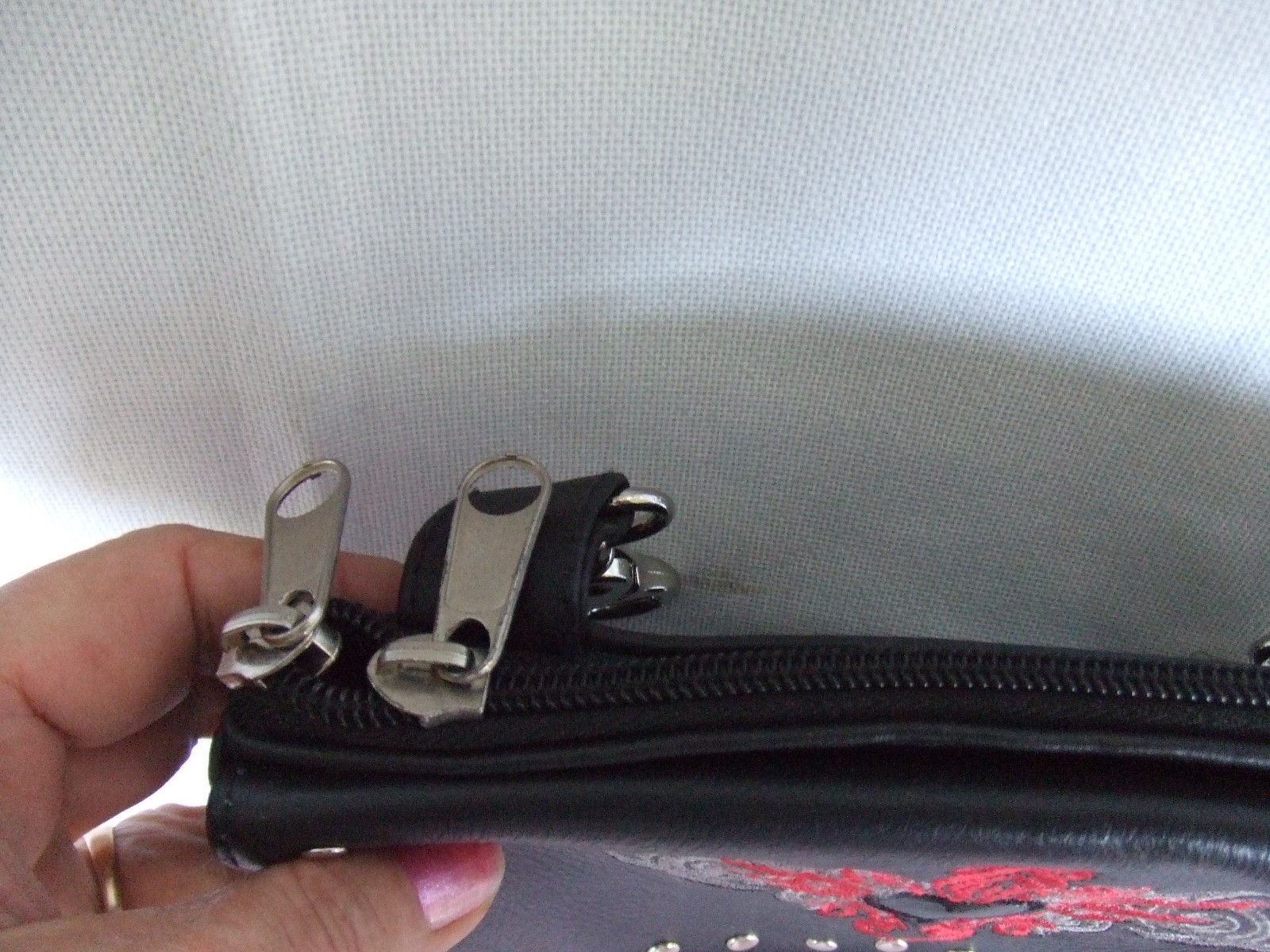 Black Biker Studded Leather Belt Clip Pouch Red and Gray embroider