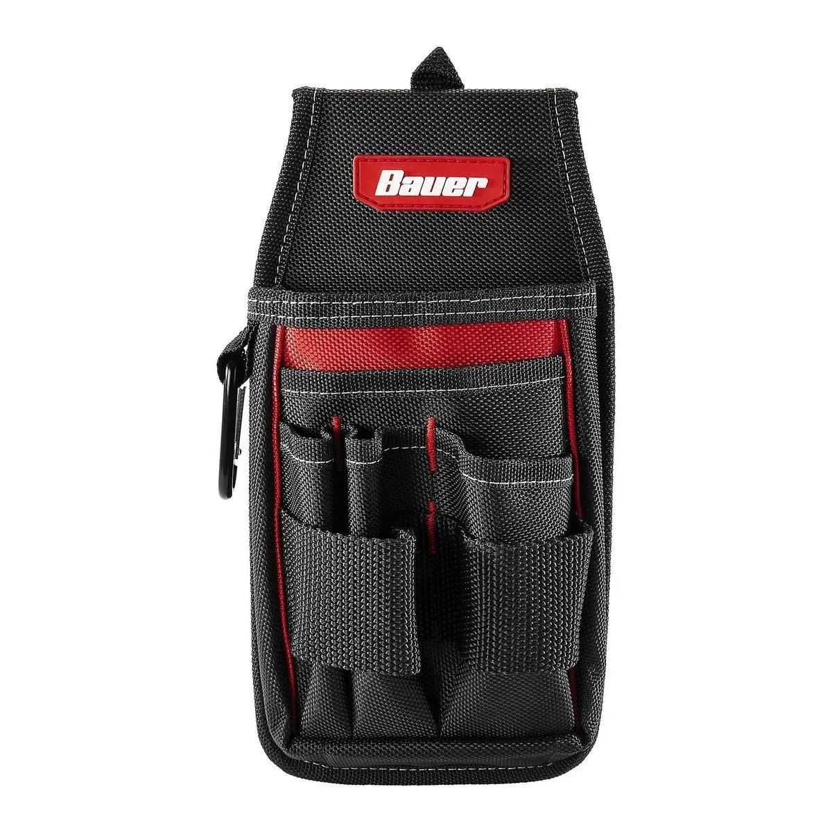 BAUER TOOL BELT 5 POCKET/POUCH & 2 LOOPS #58522 BLACK RED POLYESTER w/CARABINER