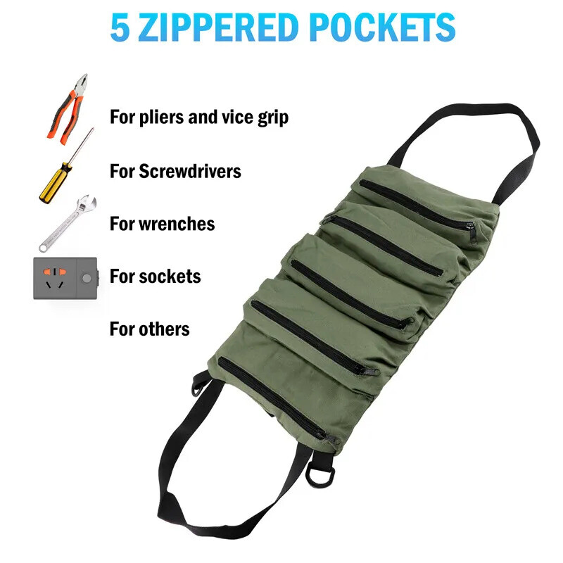 Multi-Purpose Tool Roll Up Bag Wrench Pouch Canvas Hanging Organizer w/ 5 Pocket