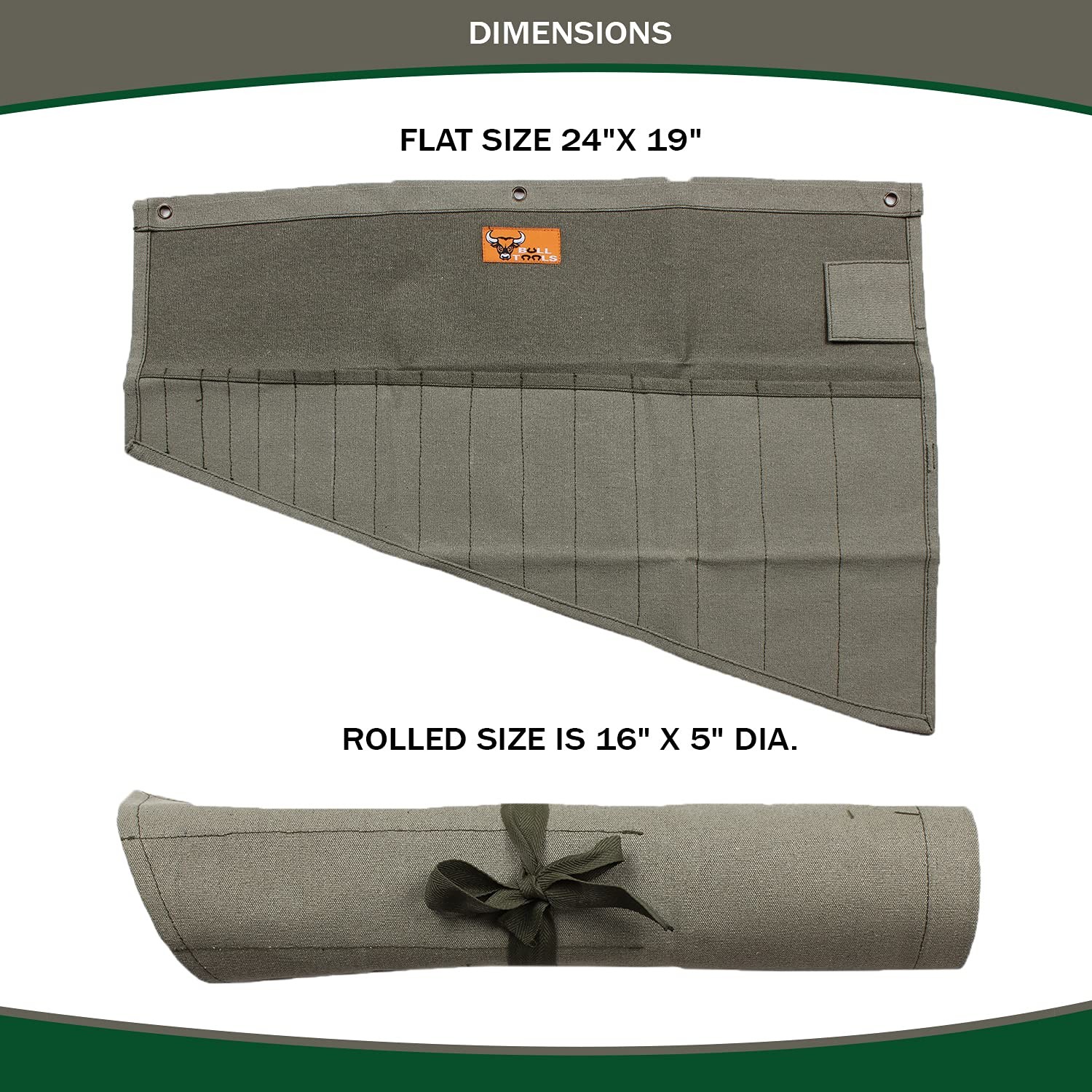 BULL TOOLS Portable Wrench Organizer Roll Large (16 – PKT), Washed Olive Drab