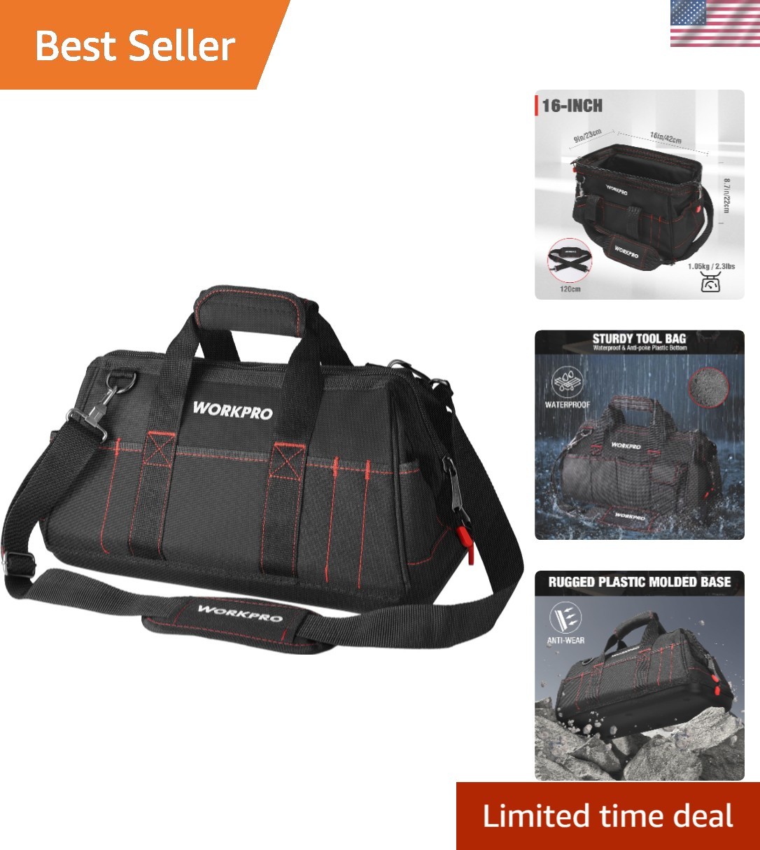 Durable 16-Inch Wide Mouth Tool Organizer with Multi-Pockets and Comfort Grip