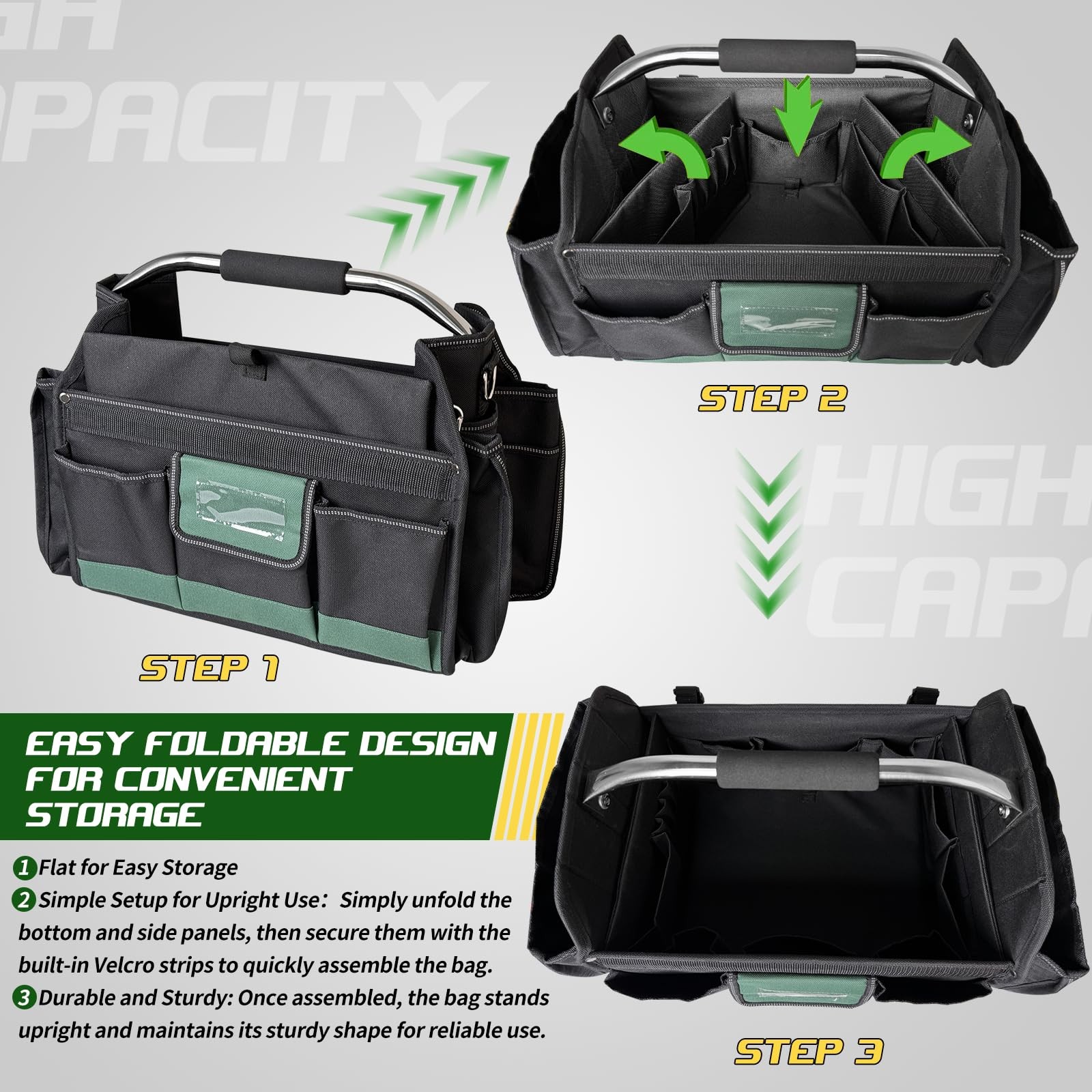 18 Inch Open Top Tool Bag 30 Pockets 1680D Waterproof Foldable Carrier Green