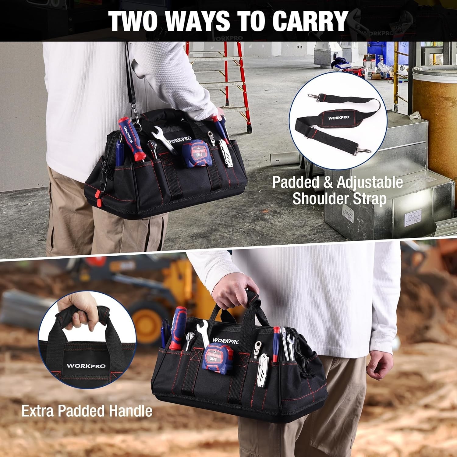 16-Inch Tool Bag with Large Interior and Padded Handle for Durability