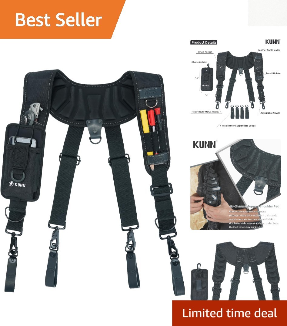 Black Leather Tool Belt Suspenders for Carpenters & Electricians