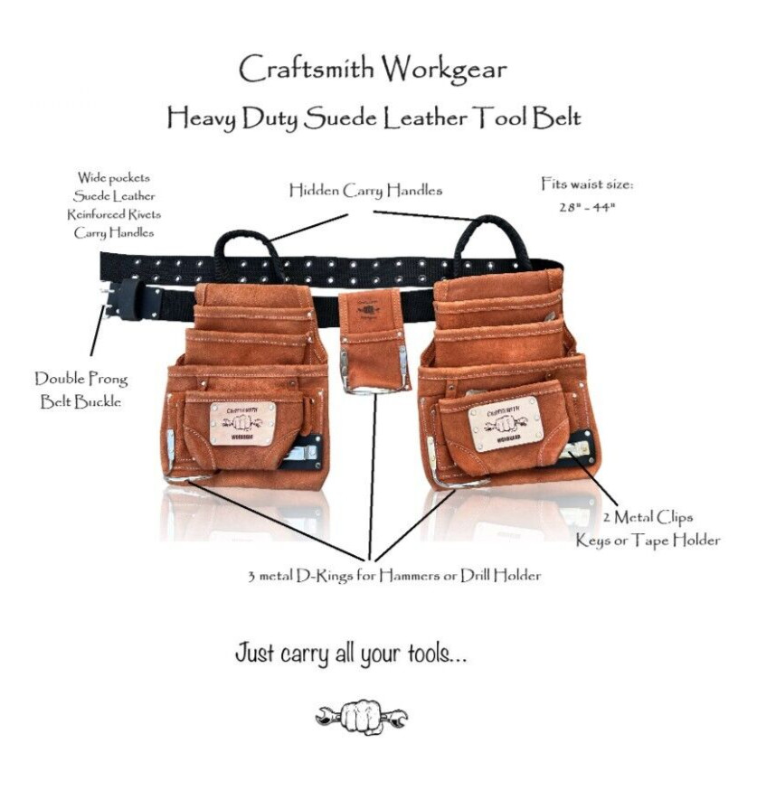 Heavy Duty Roofer, Framer, and Carpenter Tool Belt | Suede Leather | Durable