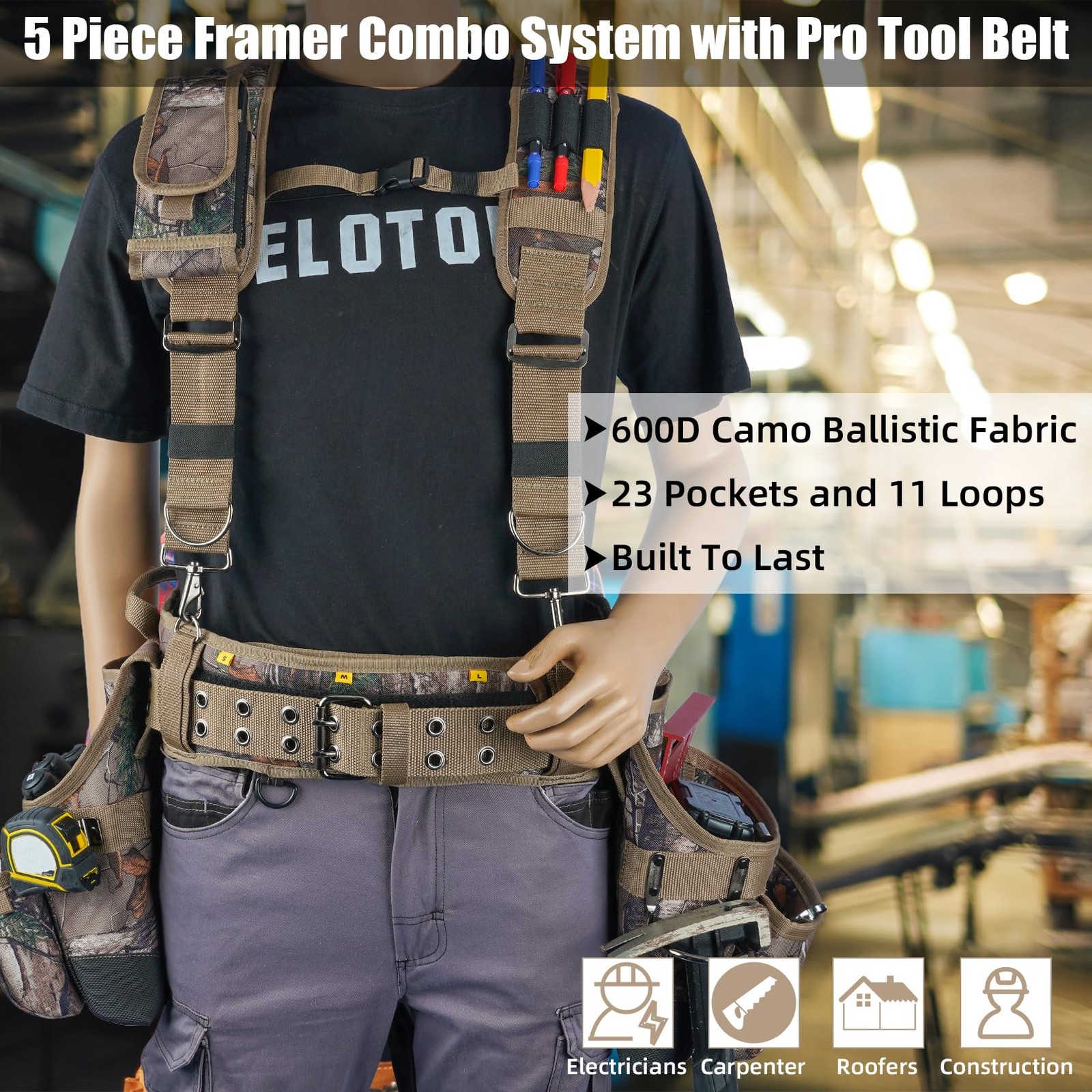 MELOTOUGH Camo Tool Belt with Suspenders Camouflage Tool Bag Supenders Framer…