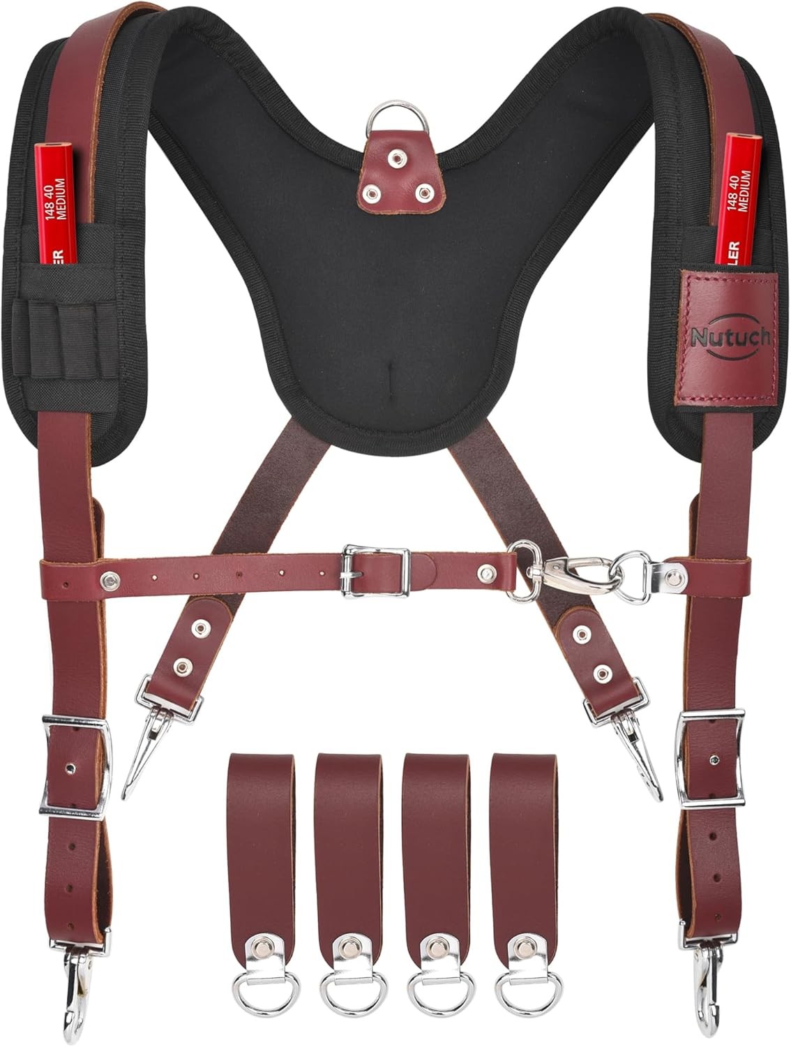 Leather Work Suspenders With Pockets Adjustable Padded