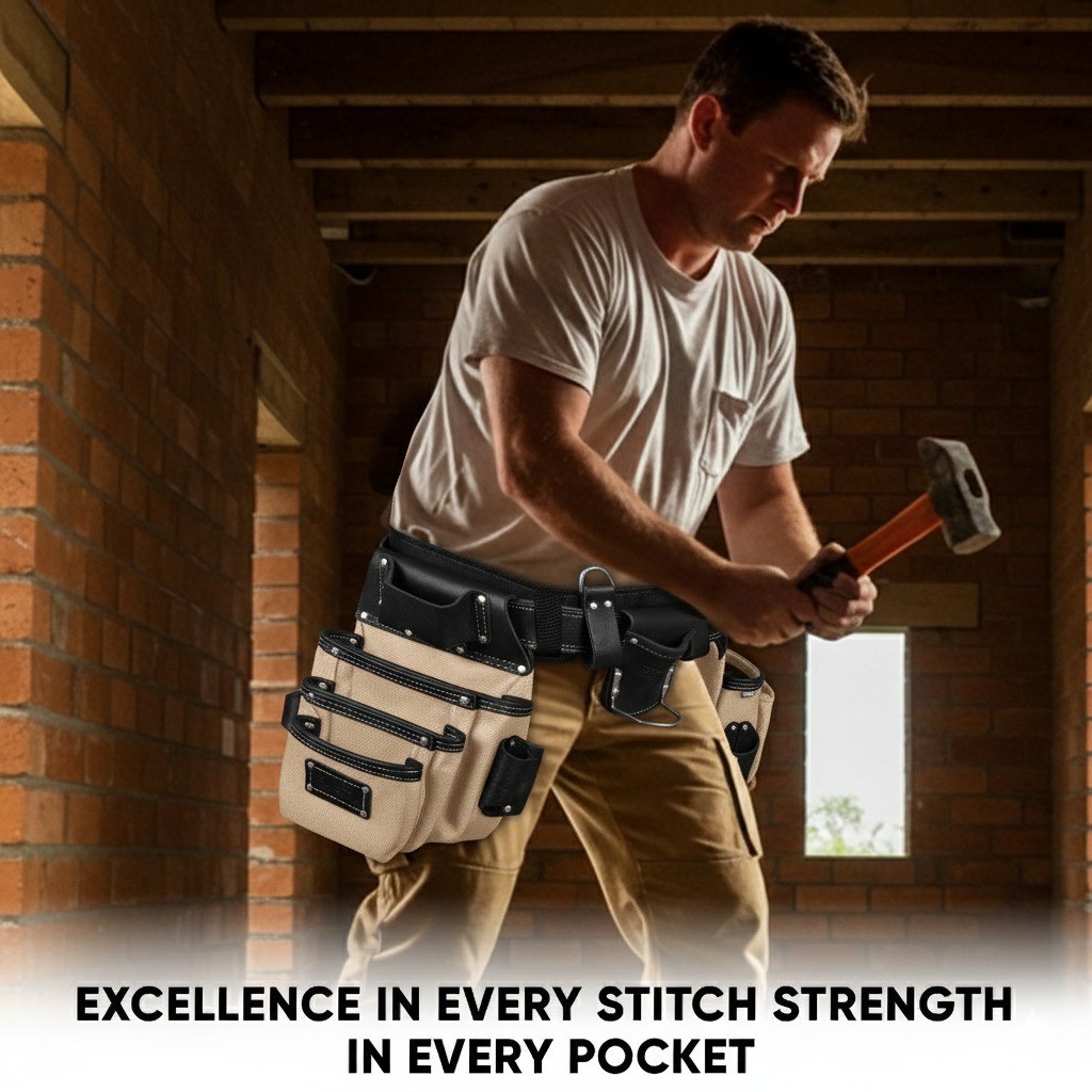 Leather &Nylon 19 Pocket Men Tool Belt | Heavy Duty Utility Pouch Carpenters Bag