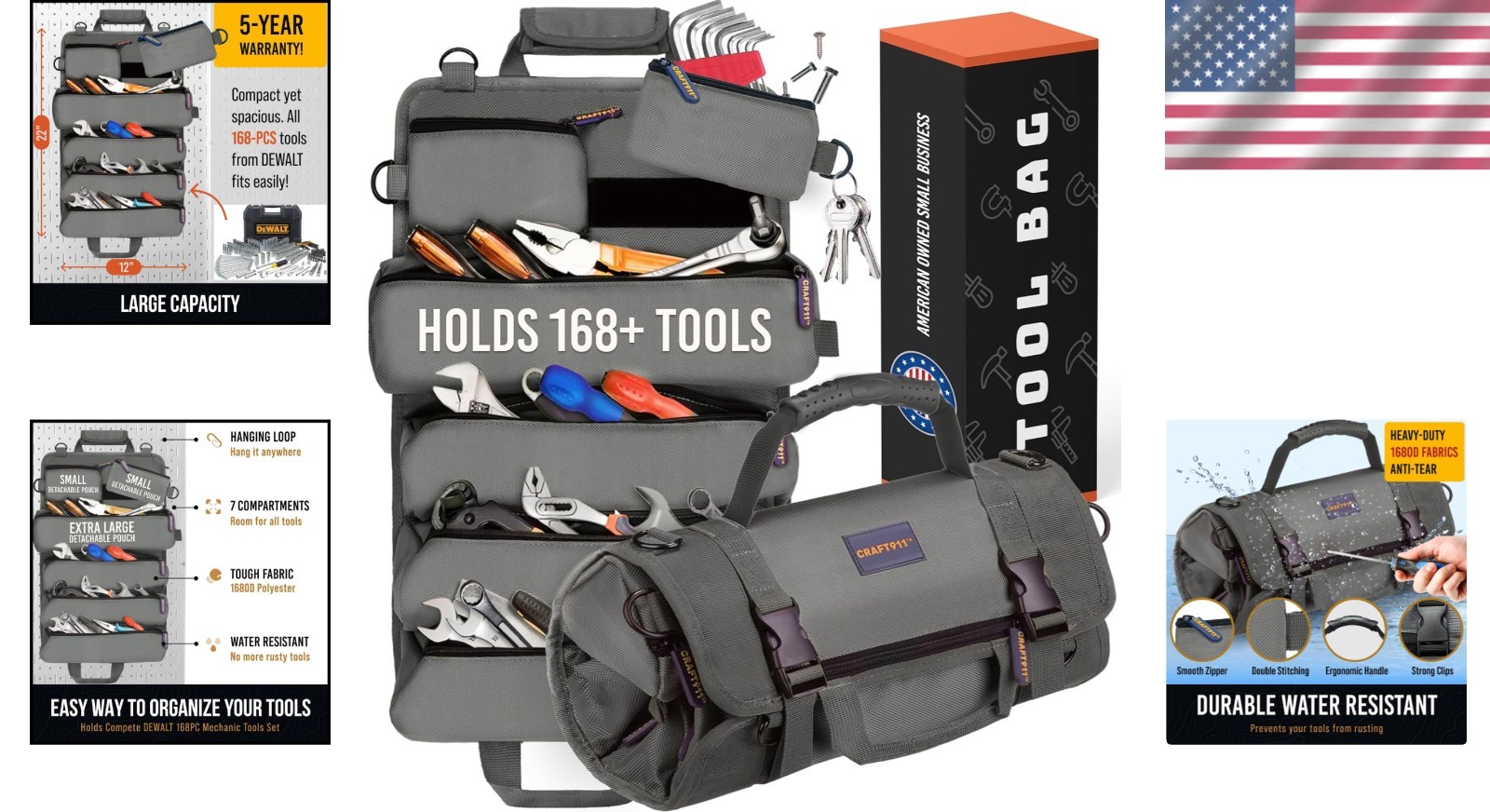 Compact Tool Bag Roll Gray Polyester Lifetime 6 Pouch