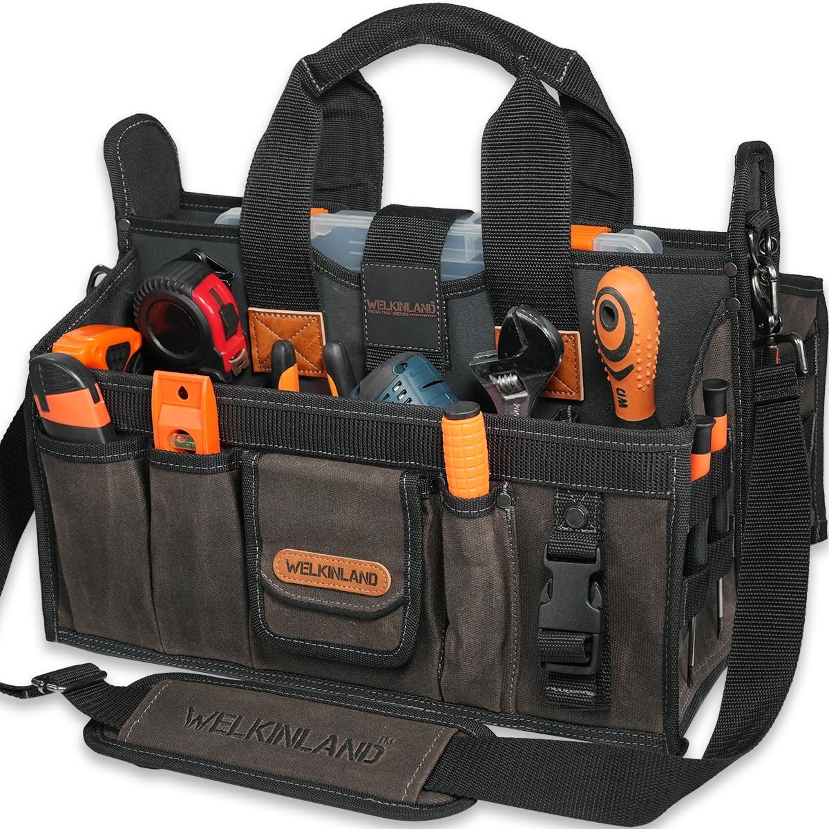 20-Pockets Electrician Tool Tote, 16″-Wide Open Top Tool Tote, Waxed-Canvas E…