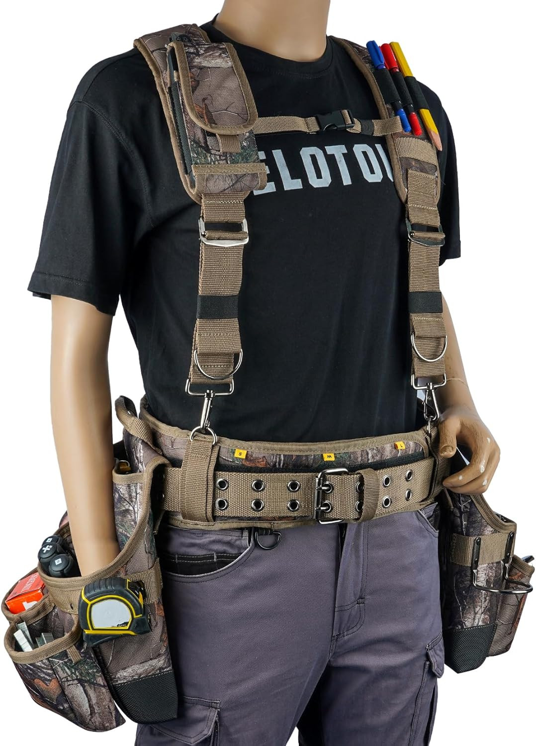 Heavy-Duty Camouflage Tool Belt with Suspenders for Electricians and Carpenters