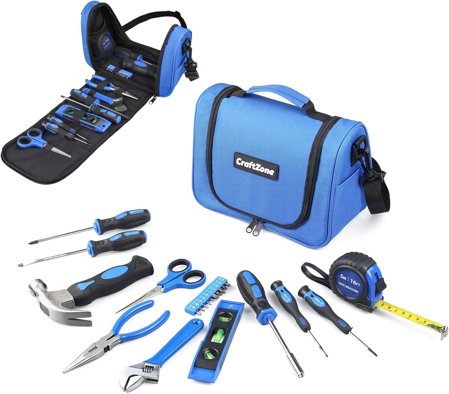Blue 21-Piece Basic Household Hand Tool Kit with Shoulder Strap Bag for Home