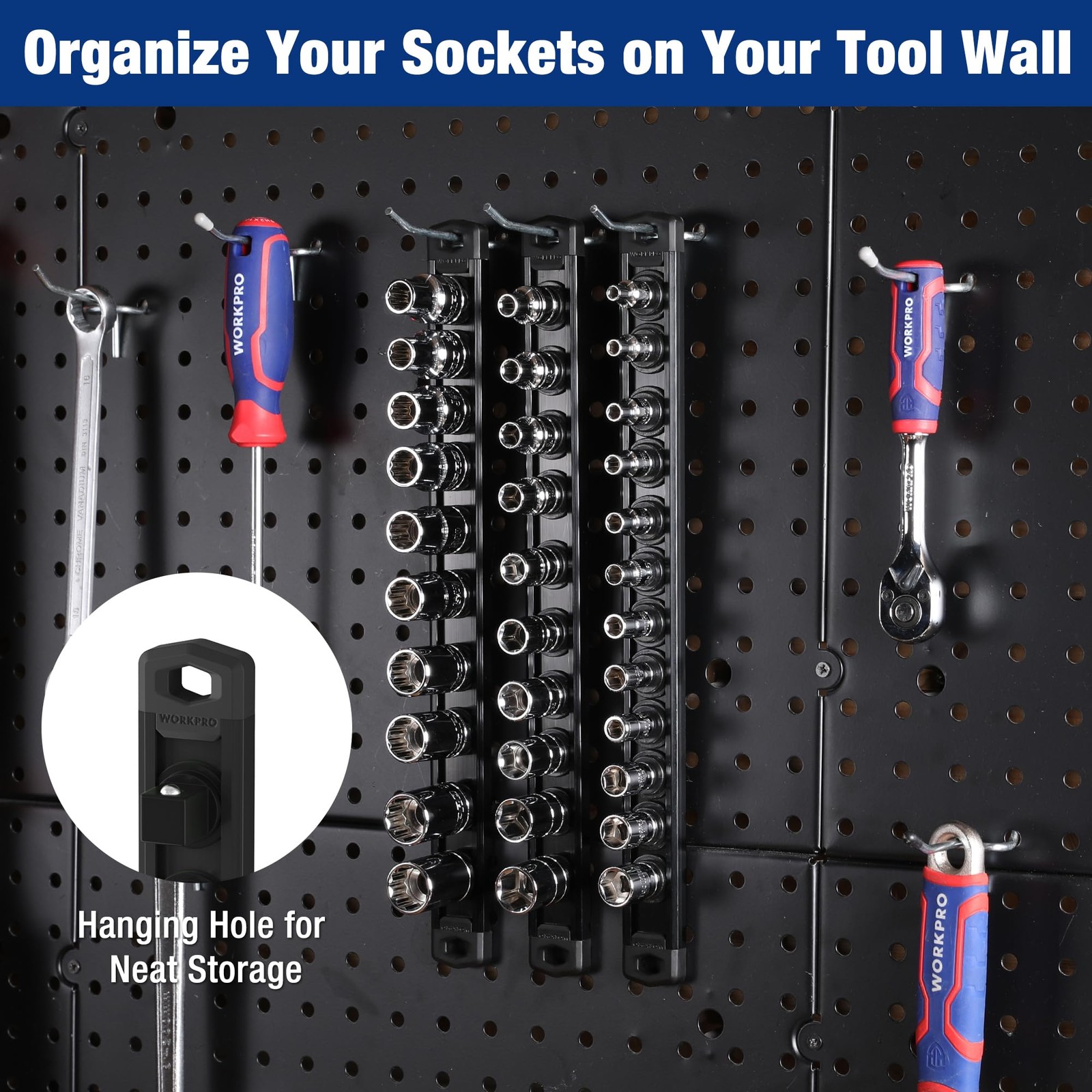 WORKPRO Magnetic Socket Organizer, 3/8-Inch Drive Aluminum 3/8″ DR, Black