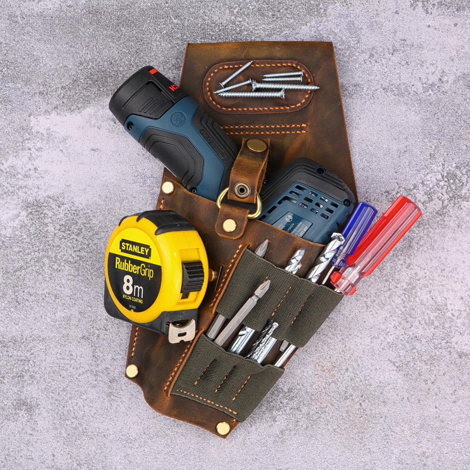 Leather cordless compact drill holder for tool belt, real leather drill holster