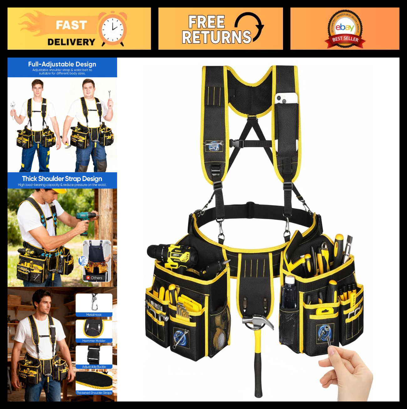 Heavy Duty Tool Belt with Suspenders – 28 Pockets, Adjustable 32″-66″ for Carpen