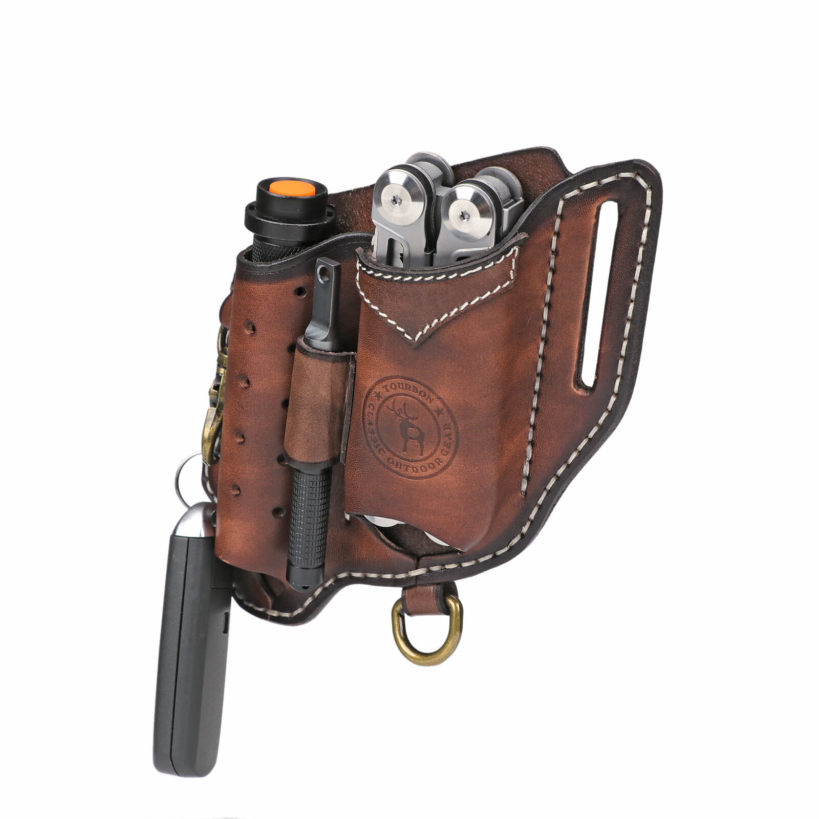TOURBON Leather EDC Multitool Pouch Flashlight Holder Knife Belt Holster Camping
