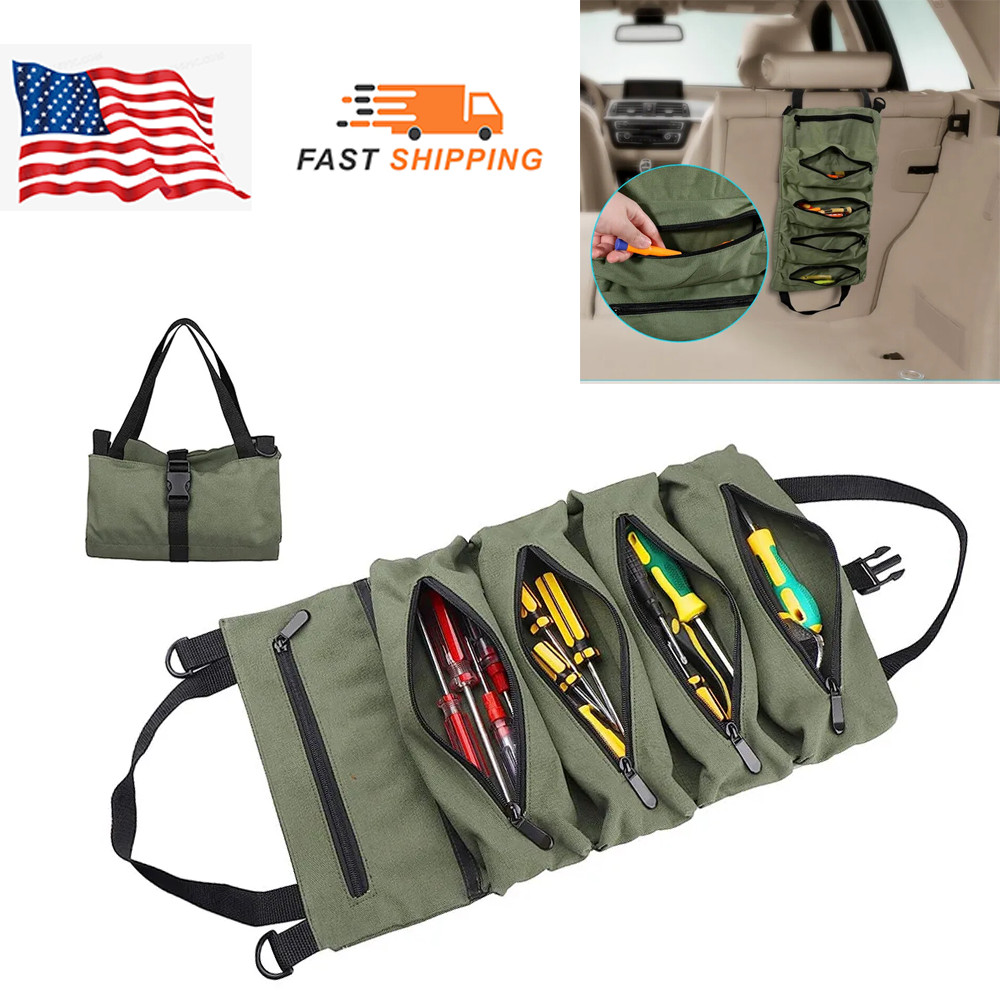 Multi-Purpose Tool Roll Up Bag Wrench Pouch Canvas Hanging Organizer w/ 5 Pocket