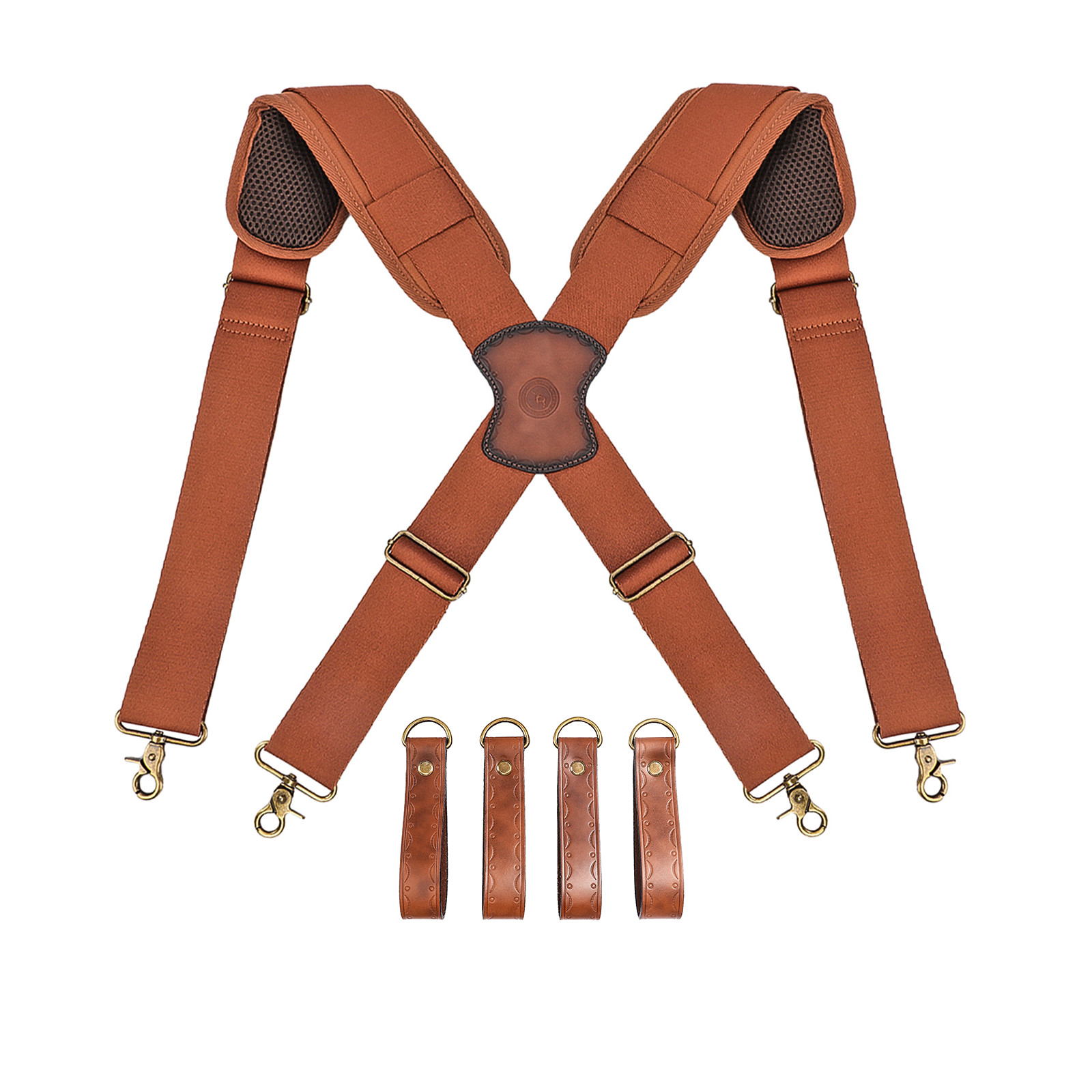 TOURBON Adjusted Tool Belt Suspenders- Leather Cross Patch-Padded Shoulder Strap