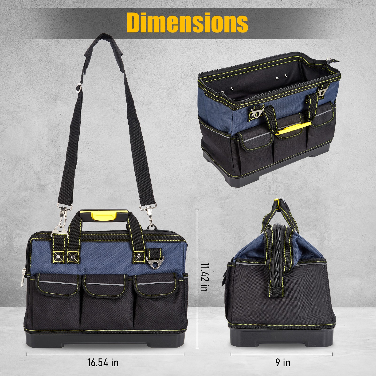 16 Inch Tool Bag Heavy Duty 5 Layer Oxford Waterproof Molded Base 16 Pocket 30kg