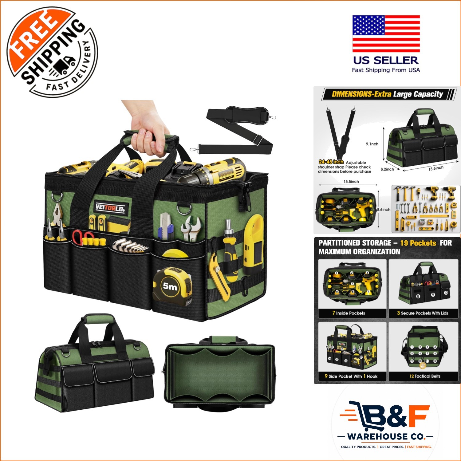 16-Inch Heavy-Duty Tool Bag – 19 Pocket Organizer in Deep Green for Efficiency