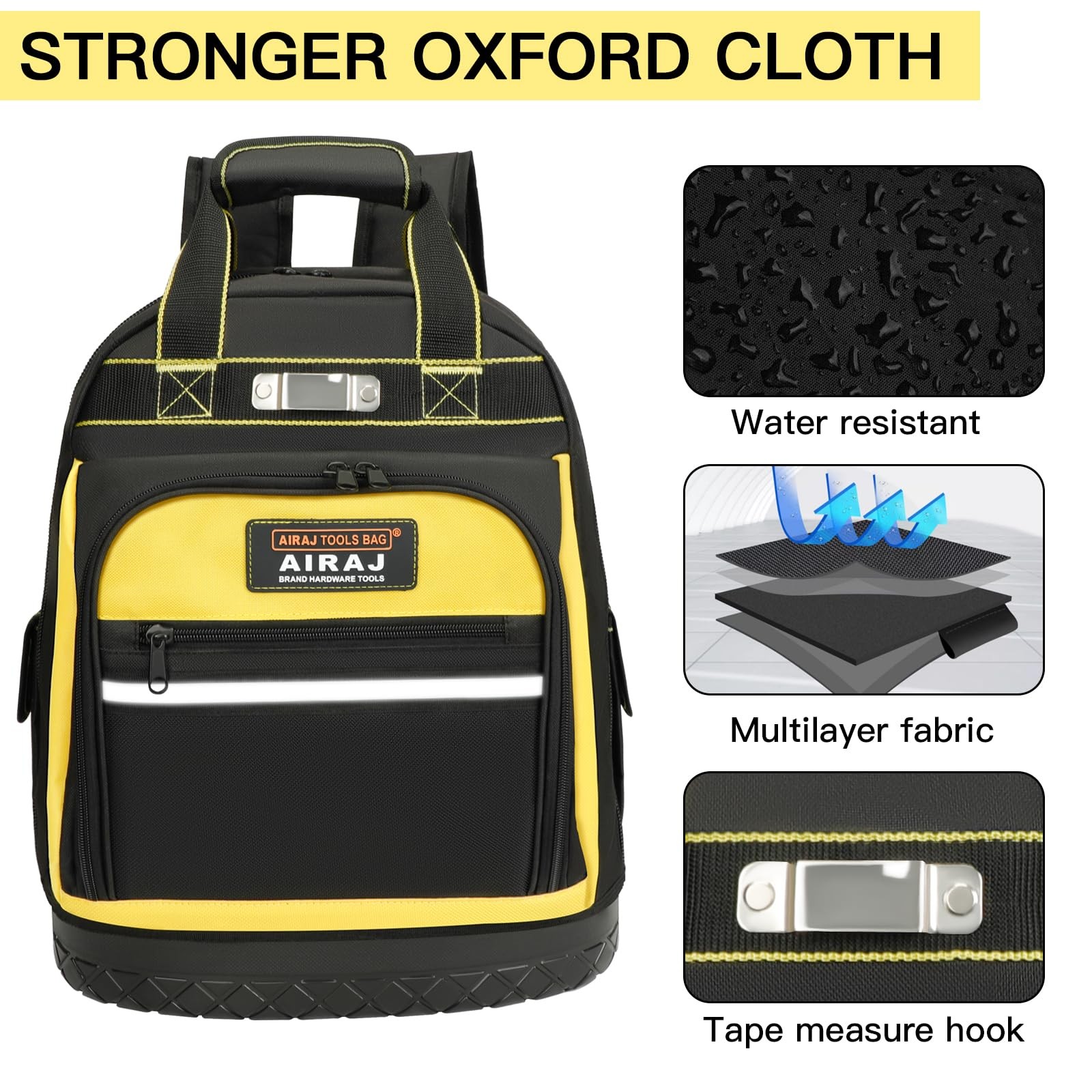 Tool Backpack 17 Inch Heavy Duty Waterproof Molded Base Pockets Black Yellow