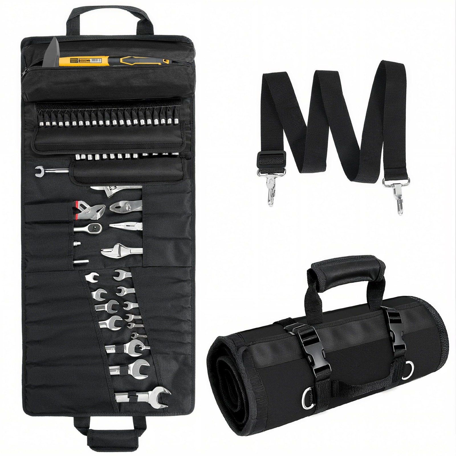Tool Bag,Large Roll-Up Tool Bag Organizer with 28 Pocket Organizer, 34 Socket…