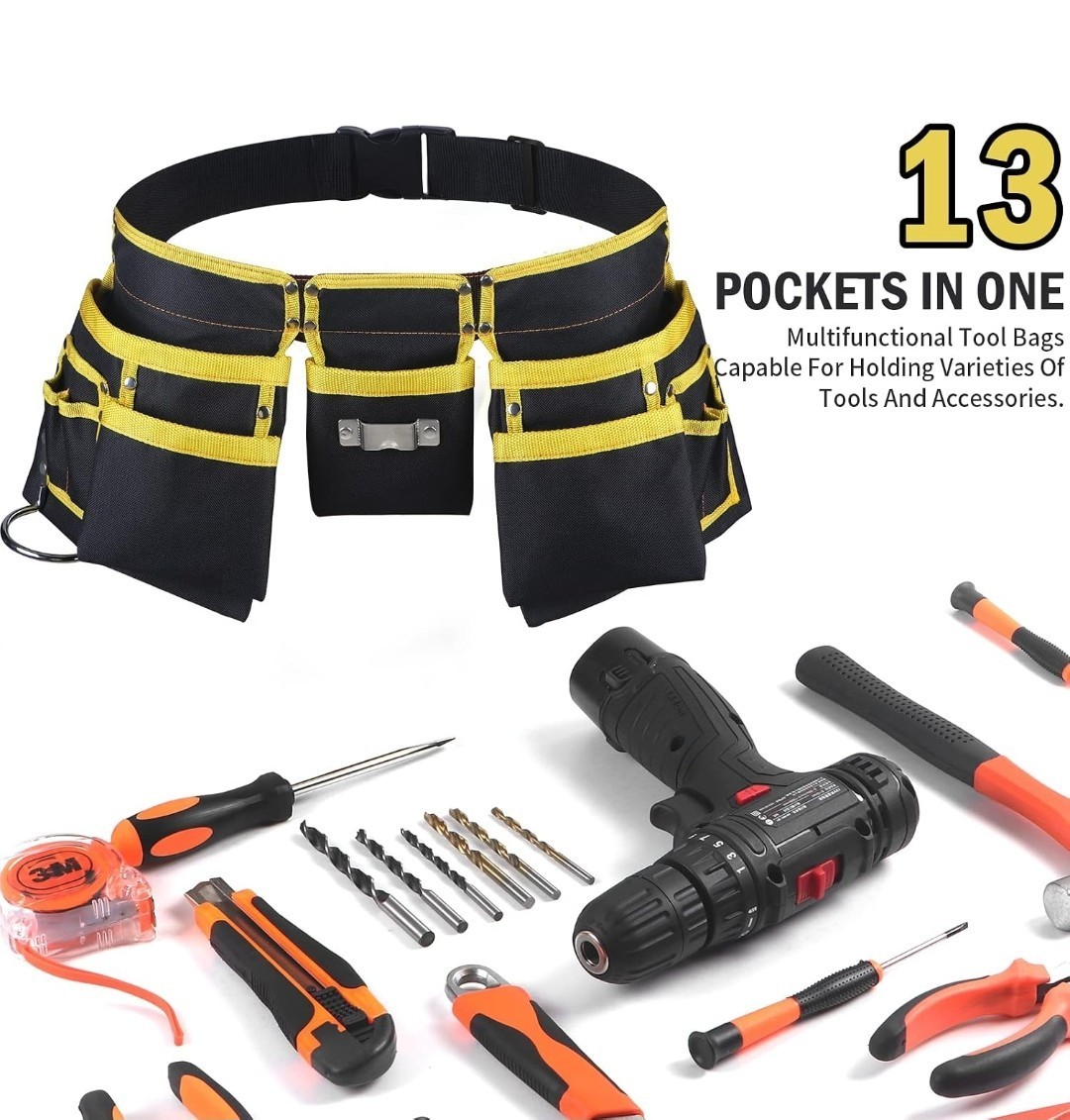 13 Pocket Tool Belt Adjustable Heavy Duty Carpenter Electrician Waist Pouch