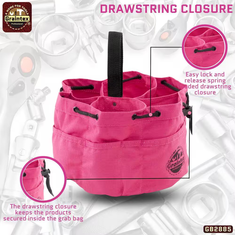 10 In. 18-Pocket Grab Tool Bag with Drawstring Closure in Pink Canvas